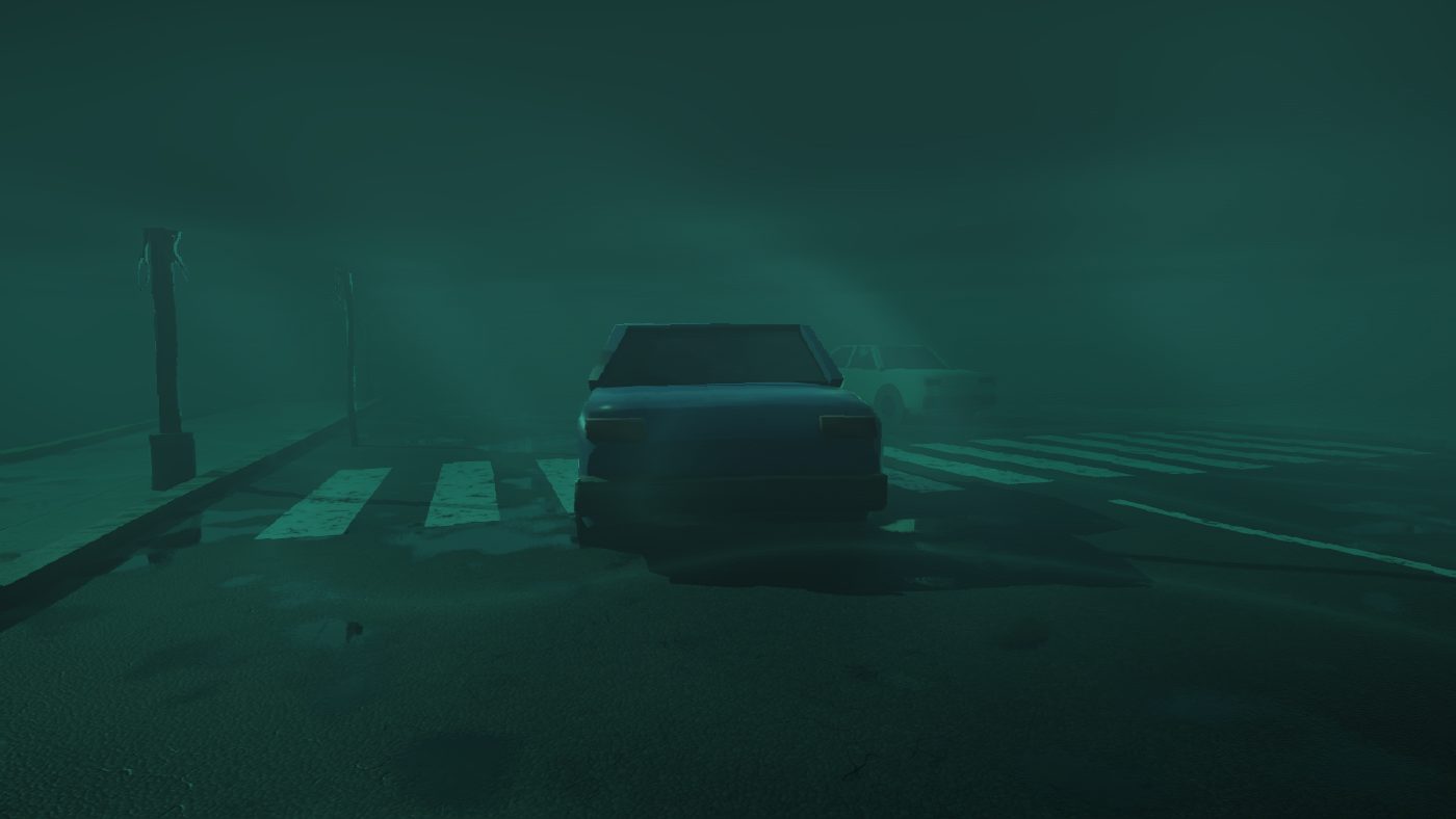 Underwater view of a drowned street with a sunken car and a crosswalk