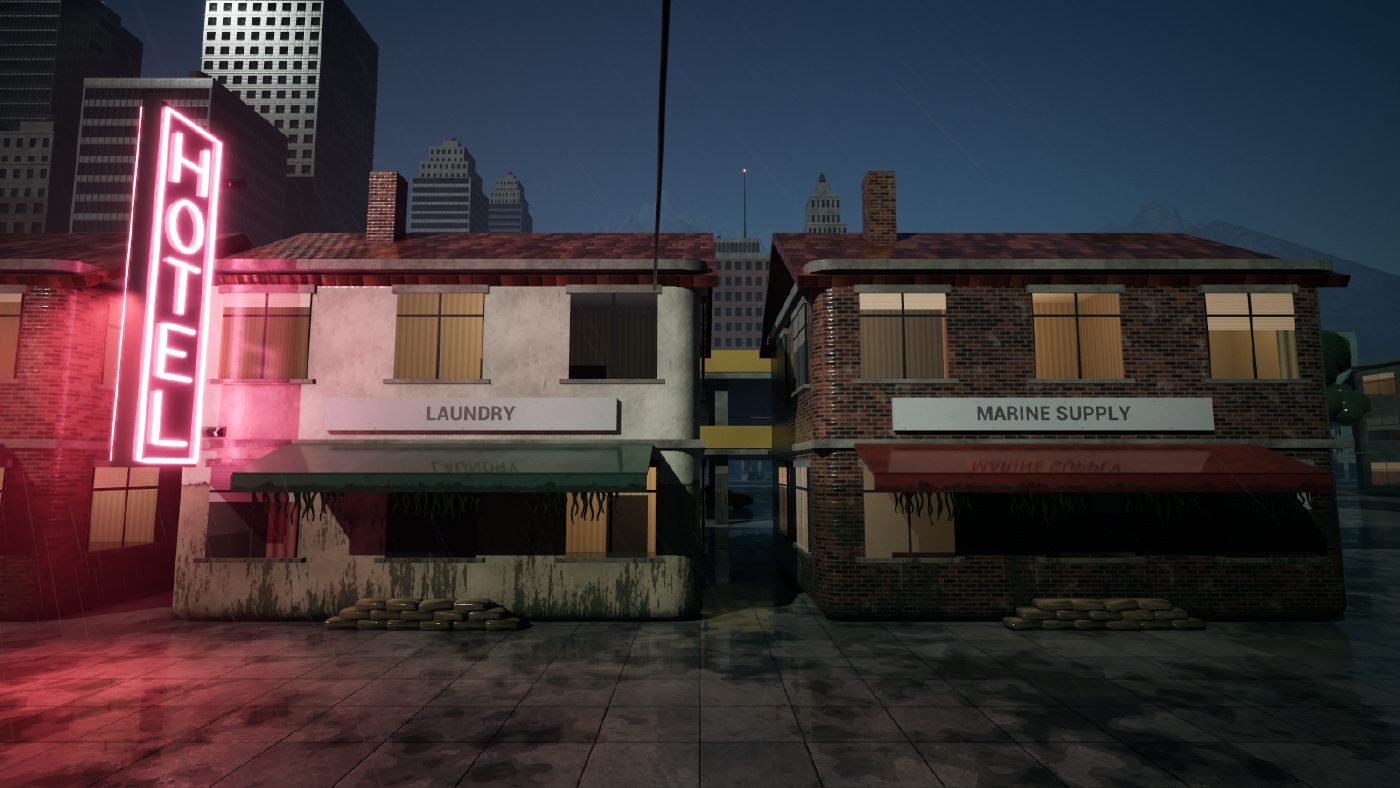 A flooded street at night with a red neon hotel sign, a laundry and a marine supply shop