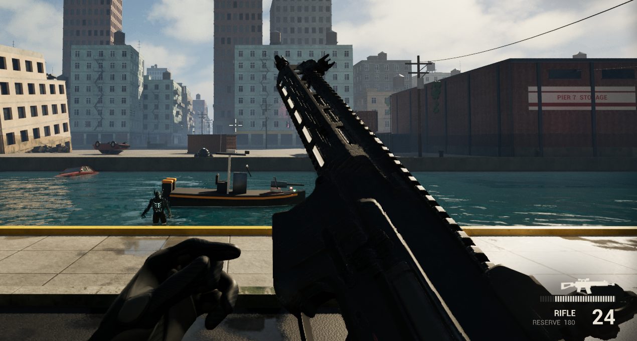 First-person view reloading a rifle on a harbour wall while a glowing creature rises from the canal